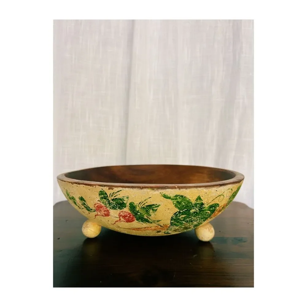 Vintage RobinhoodWare Hand Painted Wooden Footed Salad Bowl Set Matching Servers